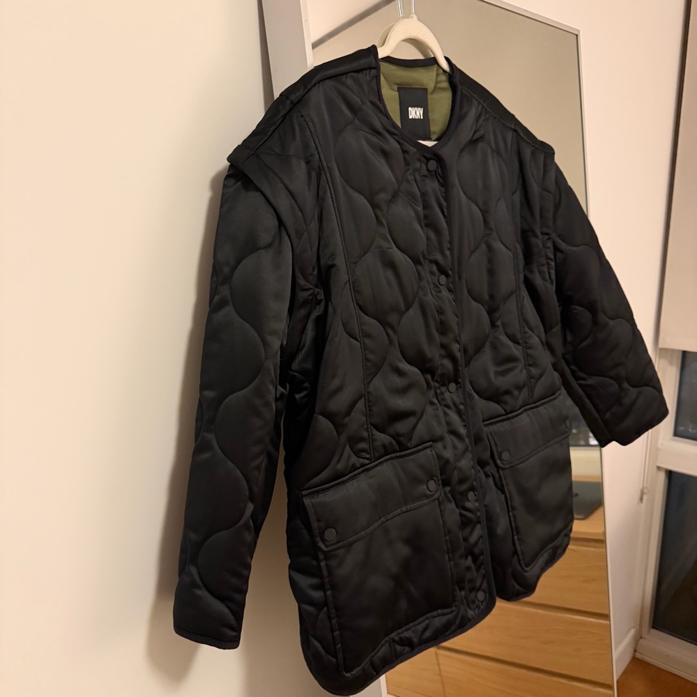 DKNY Black Satin Jacket with Olive Lining